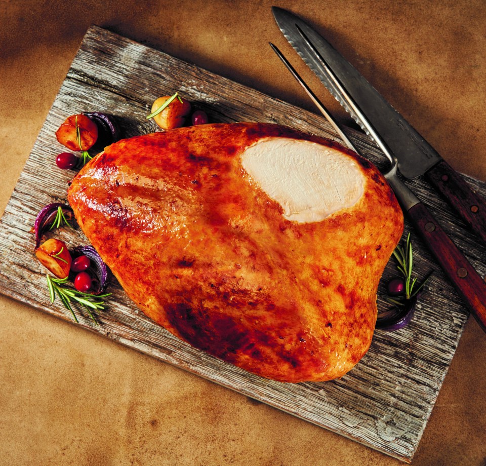 The turkey crown comes with streaky and smoky bacon