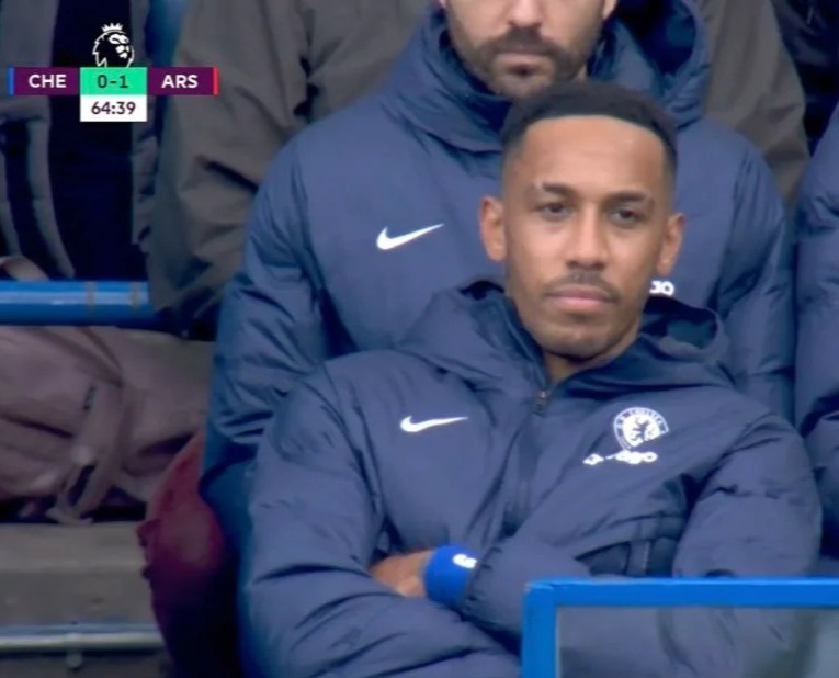 Pierre-Emerick Aubameyang was spotted looking miserable on the Chelsea bench after being hooked