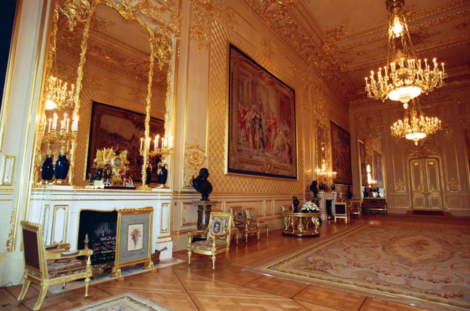 Interior view of Windsor Castle showing the restoration work after it was damaged