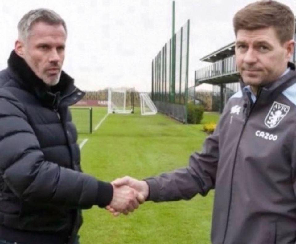 The original picture showed Carragher and Steven Gerrard greeting each other unenthusiastically