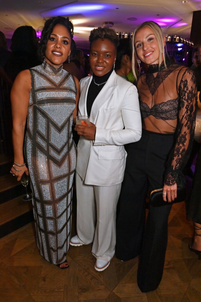 Alex Scott, Nicola Adams and Leah Williamson pose at the afterparty