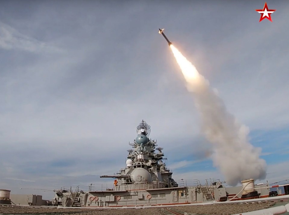 The Killjoy, or Dagger, can travel 12 times the speed of sound. It is pictured here being launched from a Russian warship in the Barents Sea during drills last year