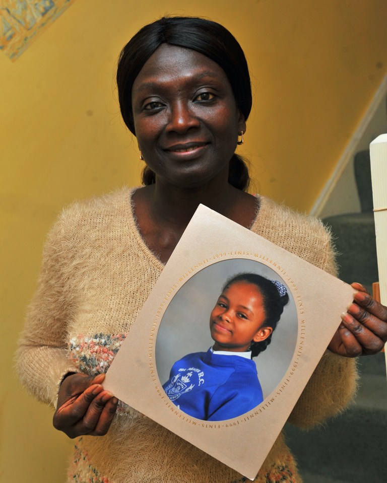 Fleur’s mum, nursery nurse Irene Frimpong-Manso, with a photo of Fleur as a child