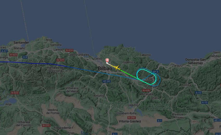 The flight is seen diverting to Bilbao before landing, turning around, and taking off again for Manchester