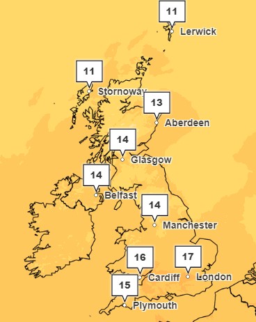 London is forecast to be the hottest place in the UK at 2pm on Saturday