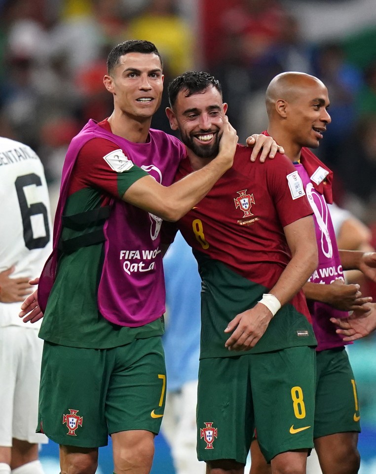 Cristiano Ronaldo celebrates with Bruno Fernandes