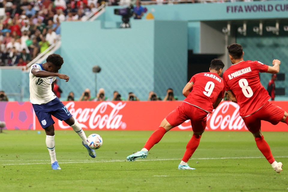 Bukayo Saka volleys England into a 2-0 lead