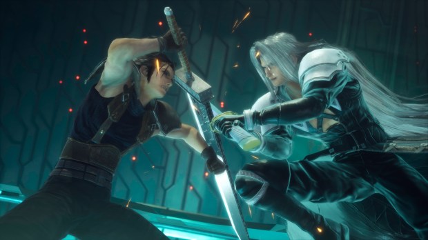 Crisis Core Final Fantasy 7 Reunion screenshot showing a fight between Zack and Sephiroth.