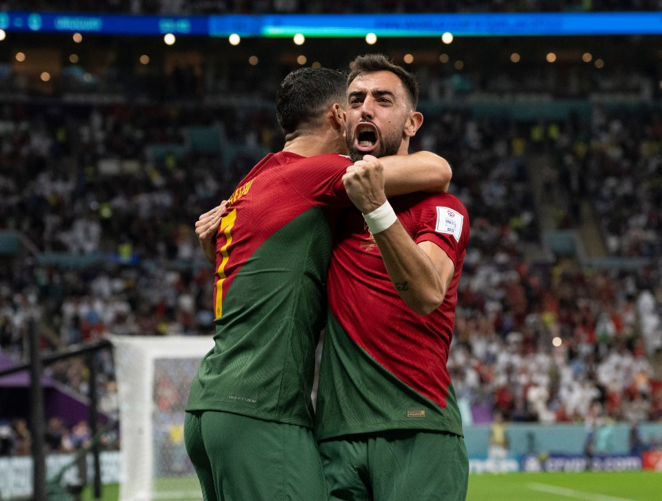 Bruno Fernandes celebrates scoring against Uruguay