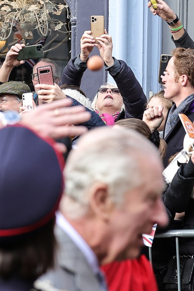 An egg hurls toward the King during a walkabout