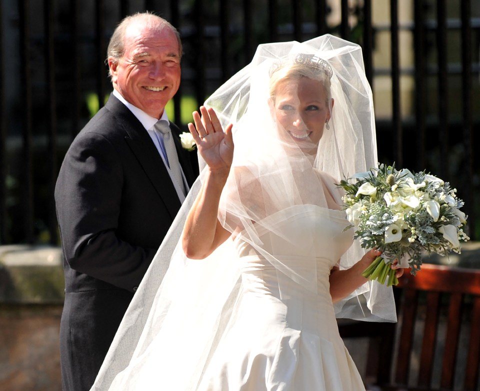 Zara arrives at her wedding to Mike with her dad in Edinburgh in 2011