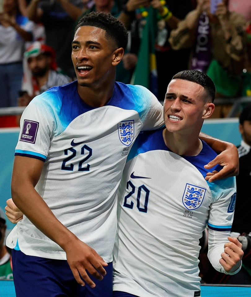 Bellingham and Foden celebrate after the Manchester City ace put England 2-0 up against Wales