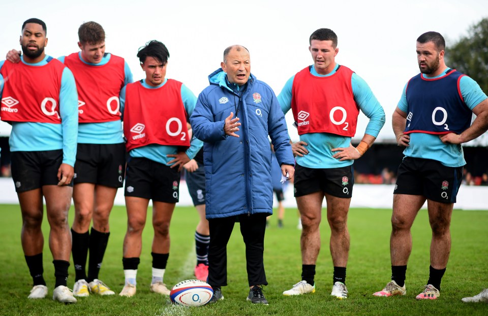 England Head Coach, Eddie Jones speaks to his team during a England Open Training Session at Jersey Rugby Club in October