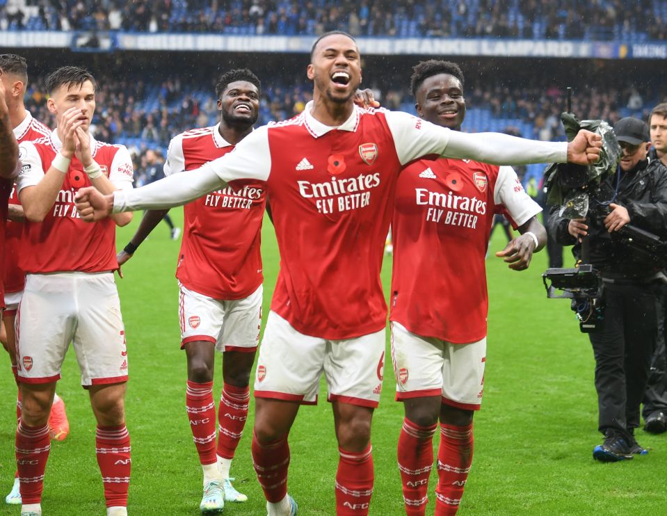 Gabriel pictured celebrating after clinching Arsenal's win at Stamford Bridge