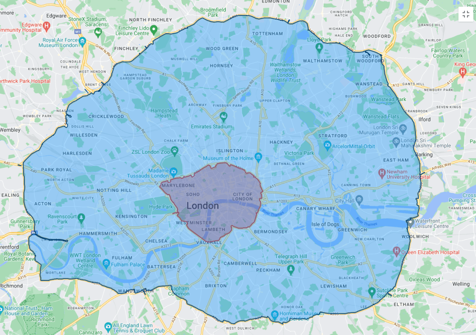 The current ULEZ (red) and the planned ULEZ extension from August 2023 (blue)