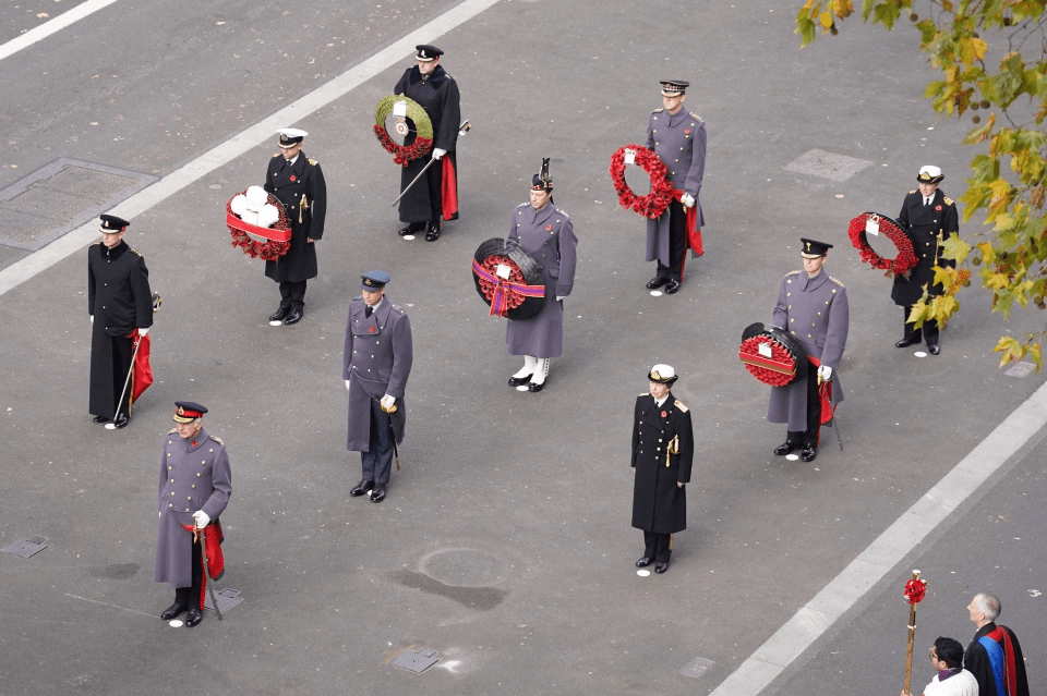 The Royals line up to lay their wreaths at the Cenotaph, which means 'empty tomb'