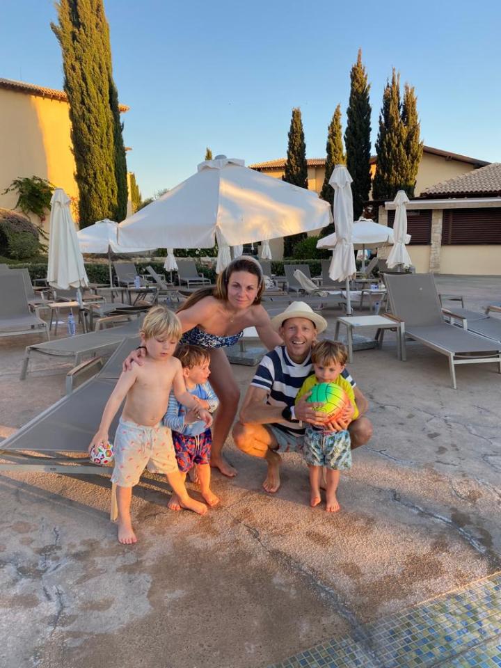 Jonnie on holiday in Cyprus with Jess, three year old Rex and twins Cormac and Rafa