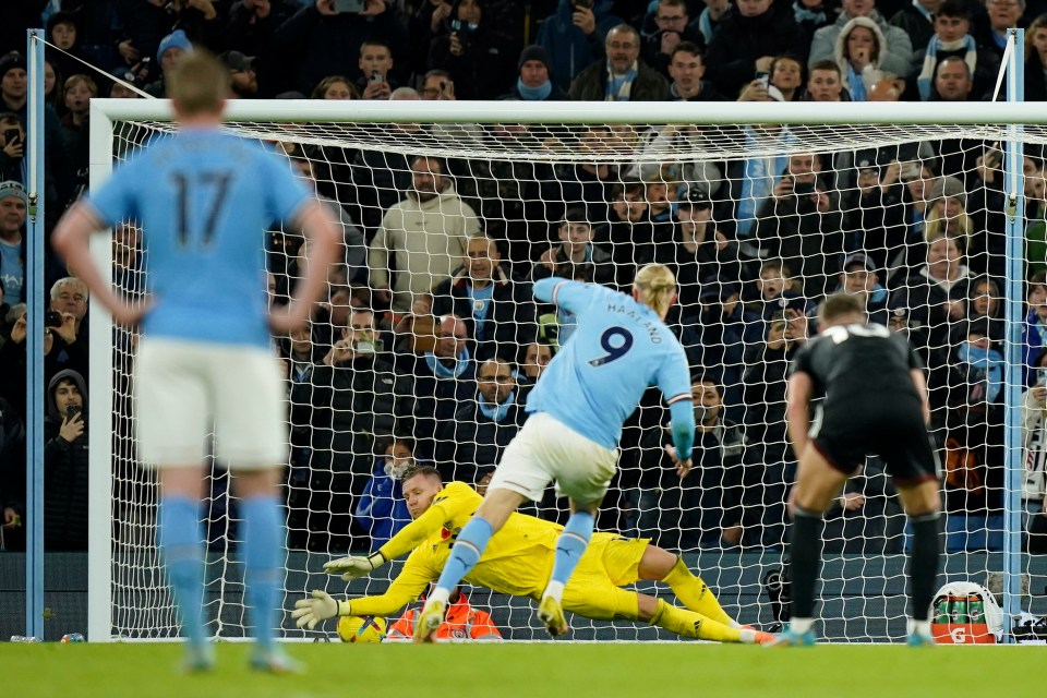 Erling Haaland's penalty squirmed in past Bernd Leno