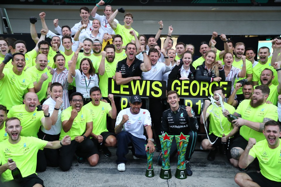 Lewis Hamilton and George Russell celebrated Mercedes' first race win of the season in Brazil