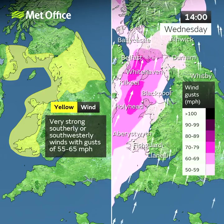 Gusts of up to 65mph have been forecast in some areas