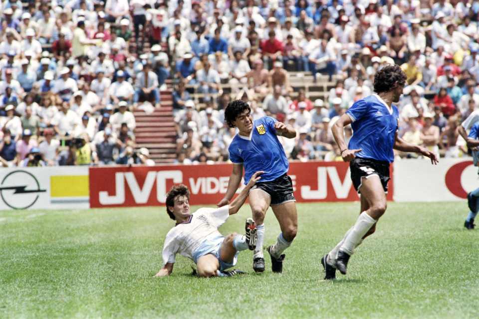 Maradona, centre, scored twice in the qualter-final game against England