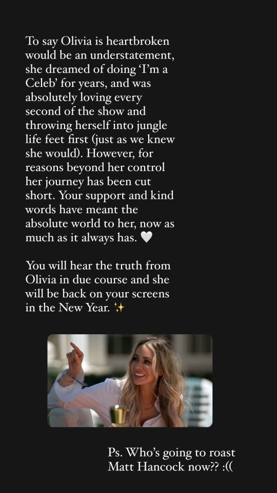 This message has been shared by Olivia's team in the aftermath of her exit