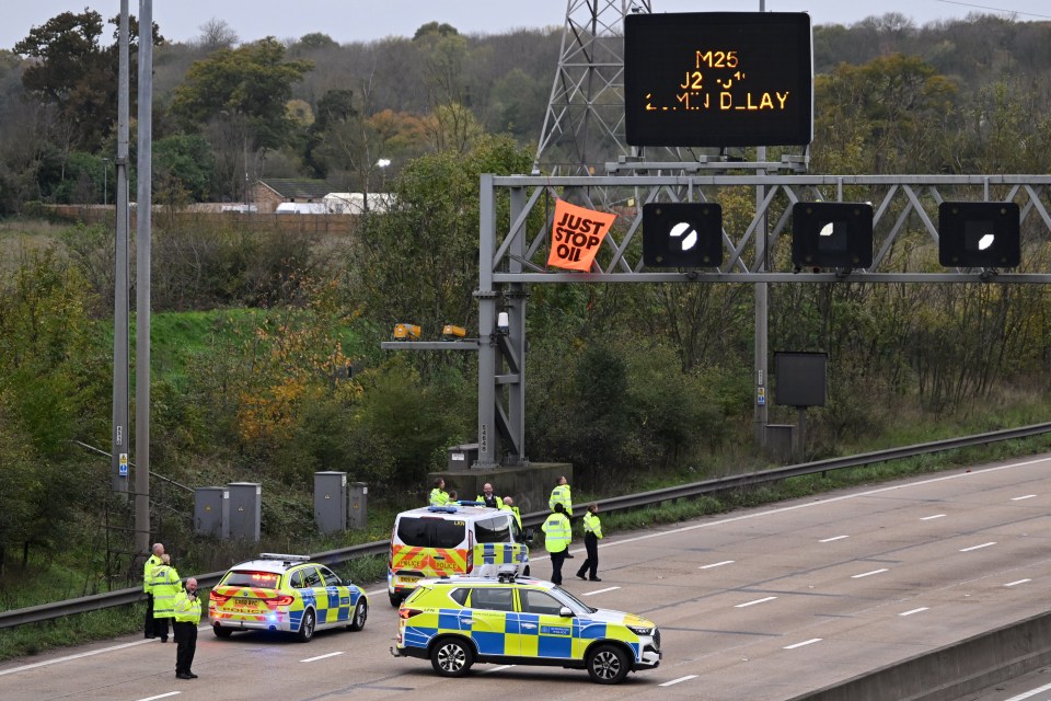 Officers attempt to stop an activist putting up a Just Stop Oil banner above the M25