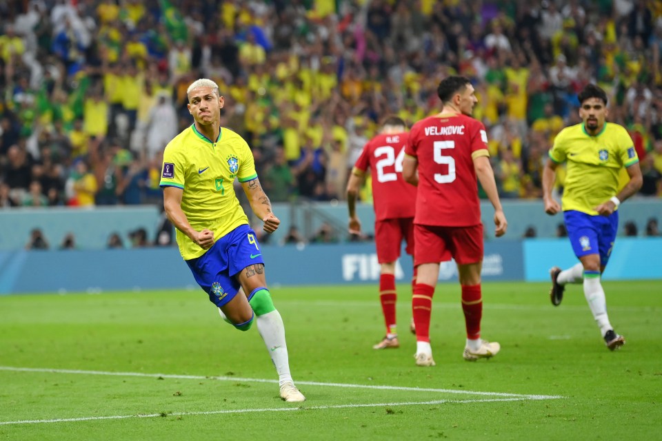 Richarlison turns away to celebrate after sparking Brazilian relief by poaching their opener on 63 minutes against a stubborn Serbia side