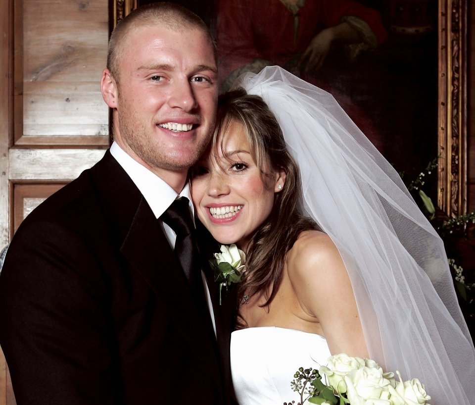 Former England Cricketer Andrew Flintoff poses for pictures with his wife Rachael Wools on their wedding on March 5 2005