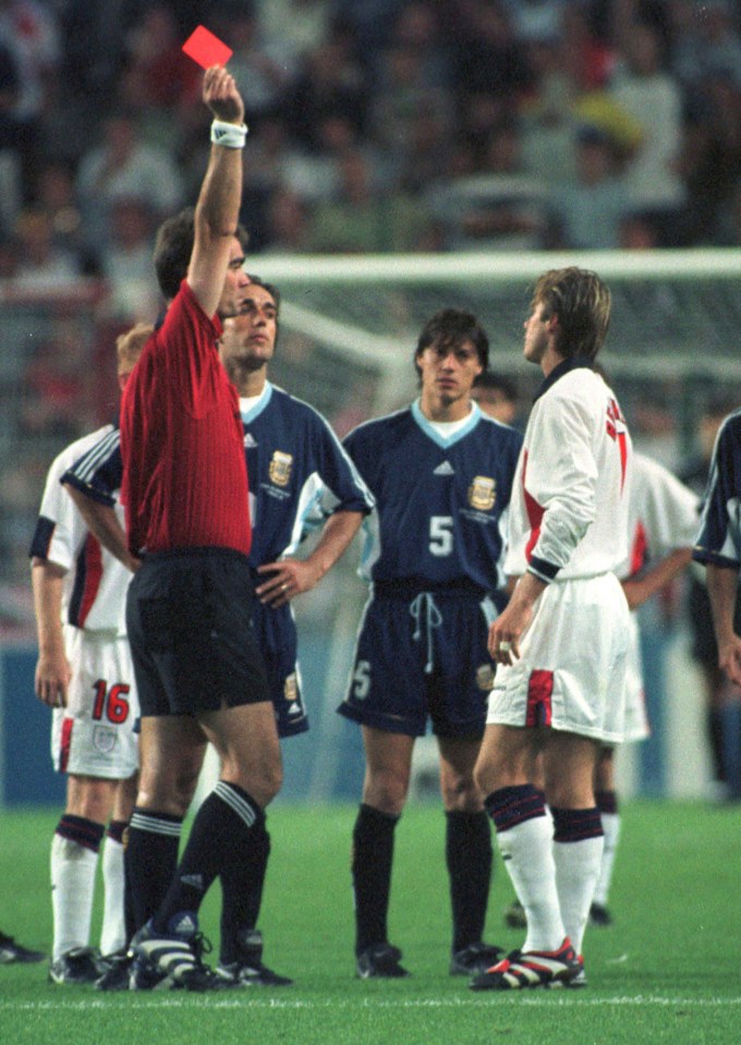 David Beckham was red-carded by ref Kim Nielsen for kicking Argentina's Diego Simeone in the 1998 World Cup before England lost on penalties