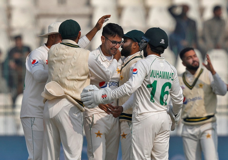 Pakistan congratulate Ahmed after a wicket