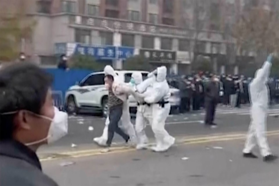 A protesters being led away by some Big Whites