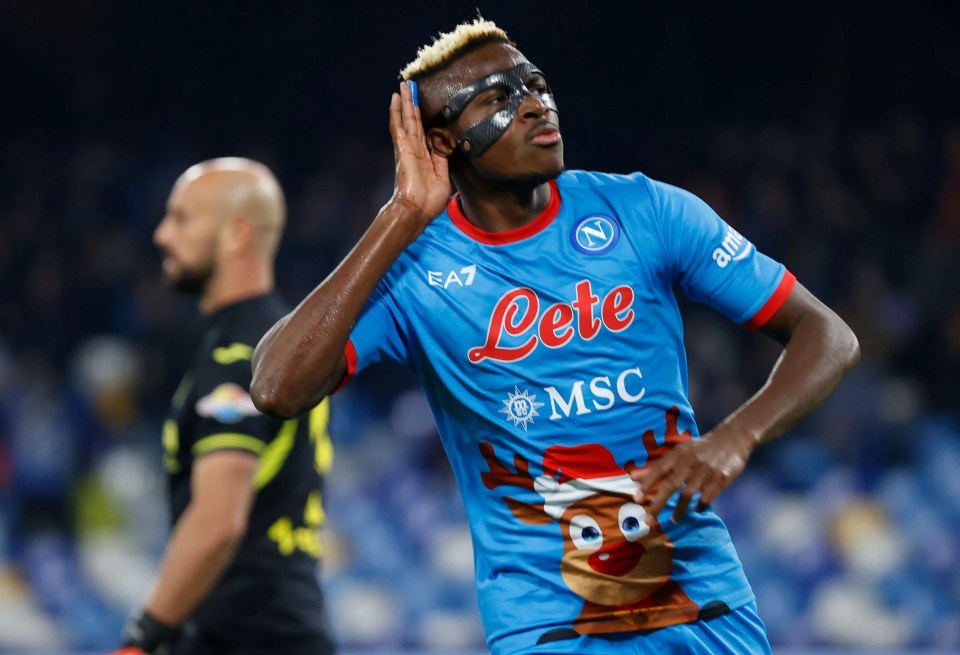 Victor Osimhen gets into the spirit of it as he celebrates his goal for Napoli