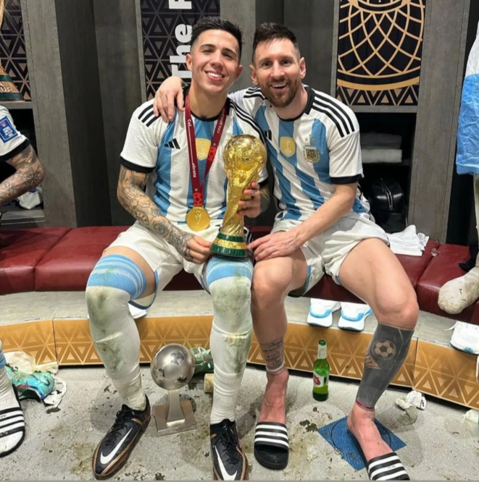 Lionel Messi was the star again as he posed with the trophy alongside Enzo Fernandez