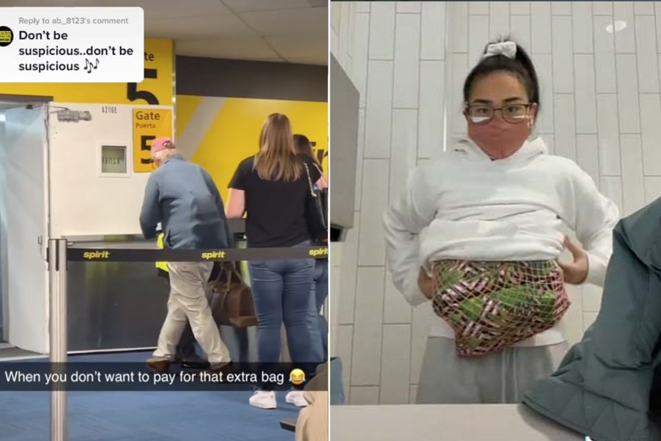 Tourists have been filmed hiding extra bags on their person to avoid baggage fees