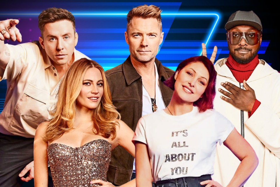 From left: Danny Jones, Pixie Lott, Ronan Keating, Emma Willis and Will.i.am