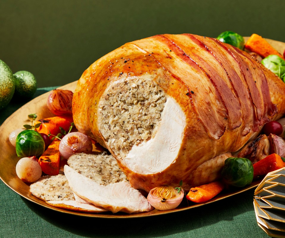 Morrisons The Best turkey crown stuffed with pork, leek and pancetta and covered in bacon