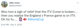 There was short-lived relief for England fans who realised the Three Lions - and ITV's curse - face another huge test