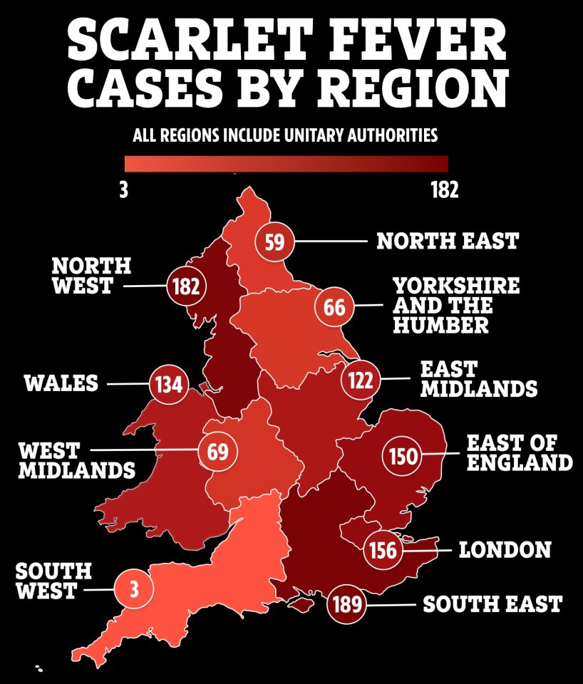 The map above shows where cases of scarlet fever have been recorded in the week up to December 4