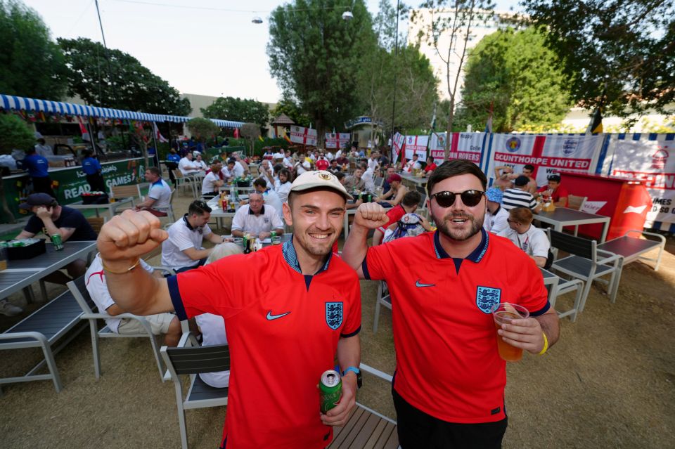 Supporters Ian Fox and Adam Close at the Cabana Hop Garden in Doha