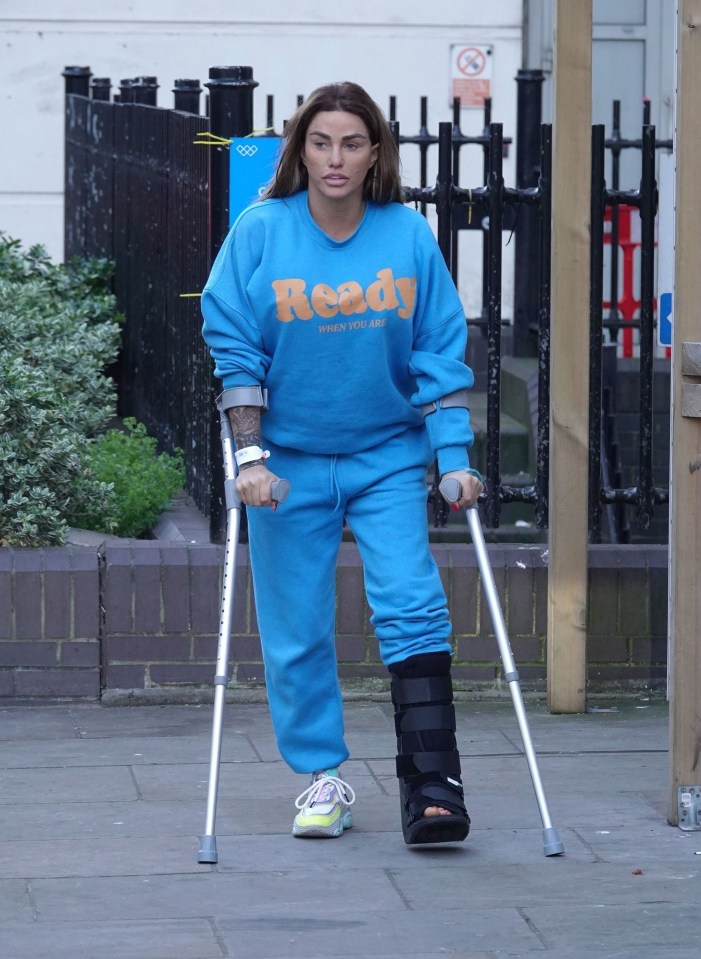 Kate Price was seen on crutches wearing an orthopaedic boot