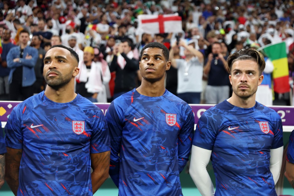 Callum Wilson, Marcus Rashford and Jack Grealish line up to watch the game