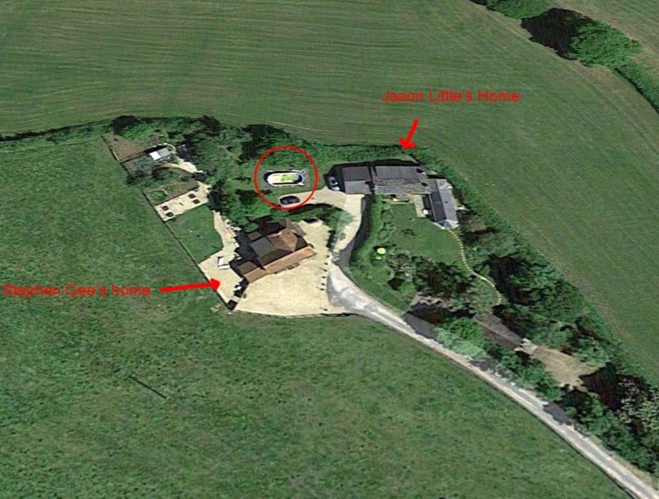 Aerial view showing the layout of the two properties, with the swimming pool circled