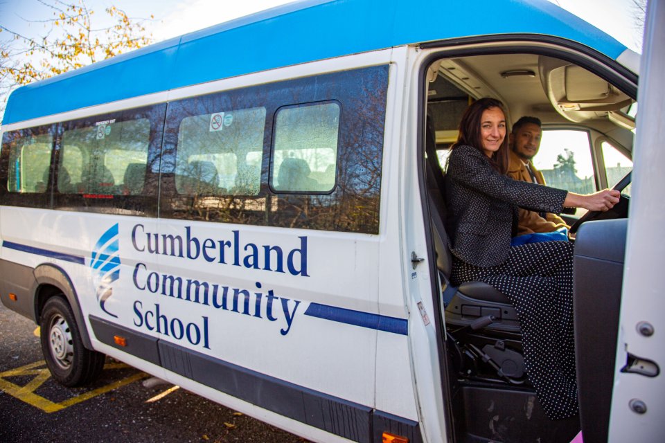 Teachers from Cumberland Community School in the 'Battle Bus', calling on absent kids