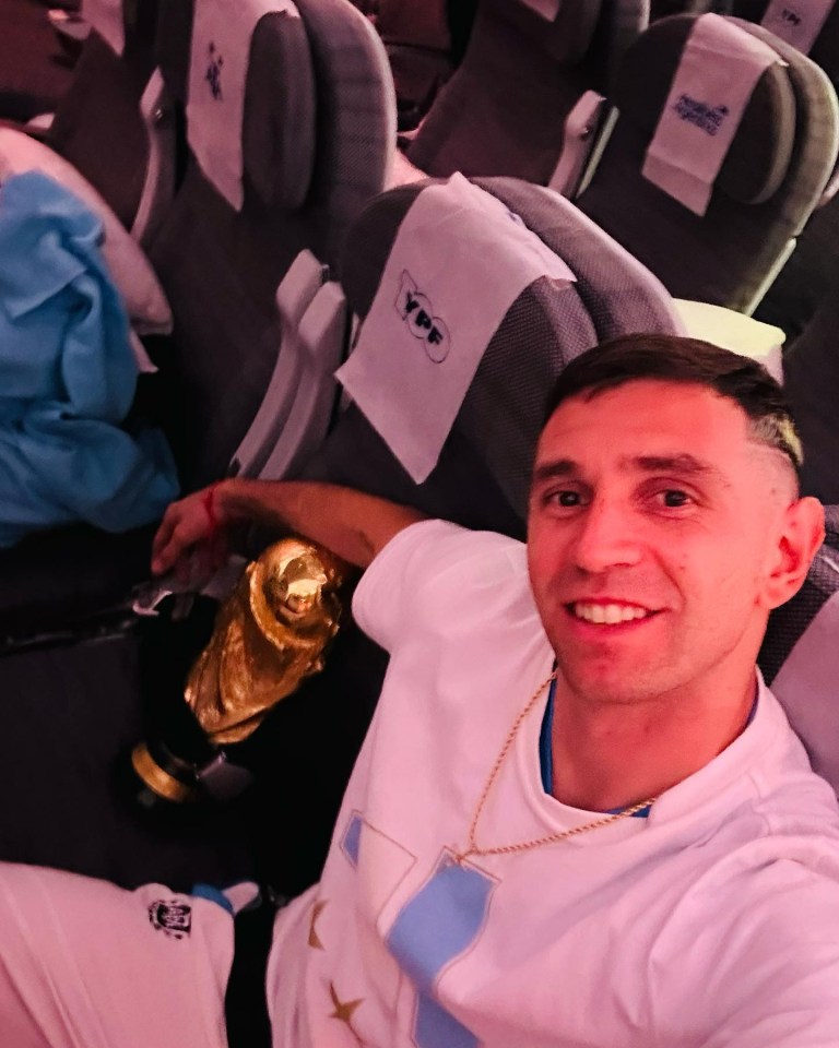 Aston Villa stopper Emi Martinez made sure the trophy was safe by putting a seatbelt on it