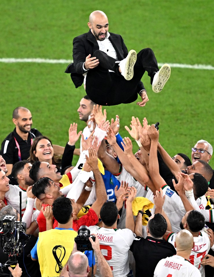 Morocco manager Walid Regragui was flung up in the air by his team