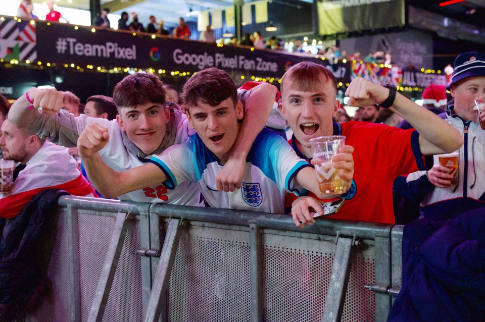 Pals gather at Boxpark Wembley in London to cheer on Gareth Southgate's side