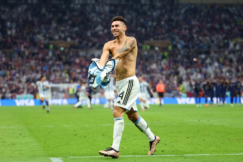 Gonzalo Montiel removed his shirt after scoring the winning penalty