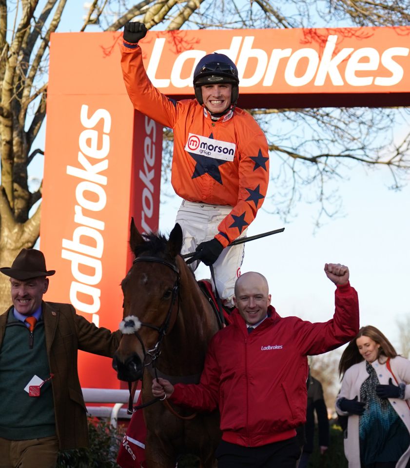 Harry Cobden celebrates after winning the King George on Bravemansgame