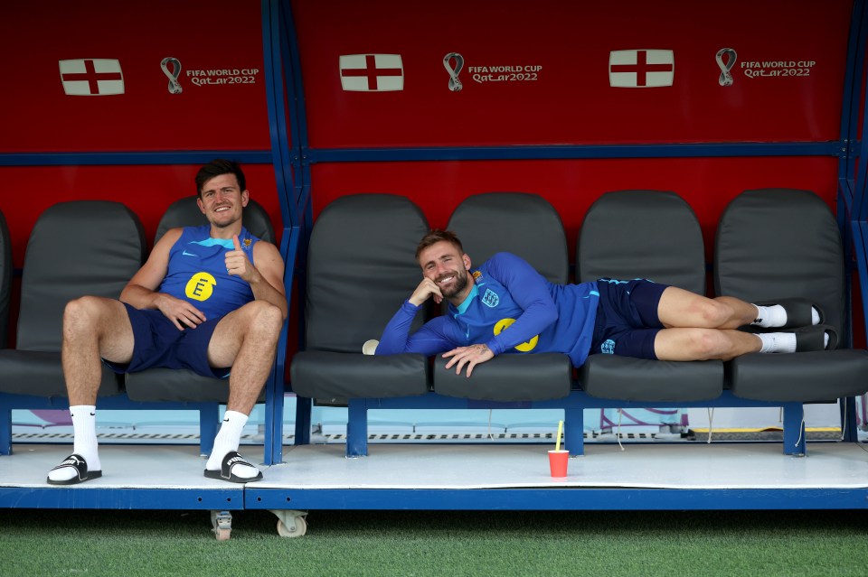 Harry Maguire and Luke Shaw were in a relaxed mood at England training